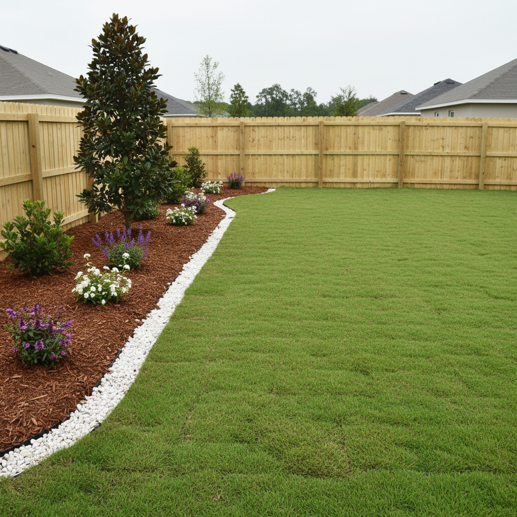 A clean, wide suburban backyard in the Gainesville area showcasing fresh turf installation in photographic realism, with a flawlessly level, vibrant green lawn stretching from foreground to a privacy fence in the distance. Along one side, a newly mulched planting bed with rich, chocolate-colored mulch holds neatly spaced native shrubs, small flowering perennials, and a young ornamental tree. A narrow strip of decorative white rock separates the mulch from the grass, emphasizing crisp lines. Captured at eye level in gentle overcast light for even, natural color, the composition has sharp focus throughout, conveying a calm, orderly, and professional atmosphere that highlights expert lawn and bed preparation.