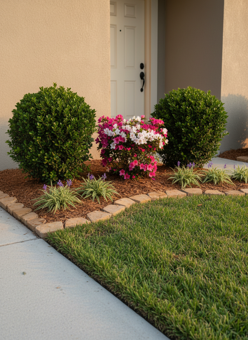 A Gainesville residential front entry transformed by professional landscape design in photographic realism. A small, previously plain area now features a balanced arrangement of trimmed boxwood hedges, a central flowering focal shrub, and groundcover plants in a neat, crescent-shaped bed bordered by tan decorative rock. The house façade, with neutral siding and a simple front door, serves as a subtle backdrop. Freshly installed, medium-brown mulch fills the bed, and a narrow ribbon of manicured turf leads the eye from the sidewalk to the entrance. Captured at eye level in soft, late-afternoon light with sharp focus and a rule-of-thirds composition, the scene feels welcoming, tidy, and ideal for showcasing curb-appeal upgrades by a professional landscaping company.