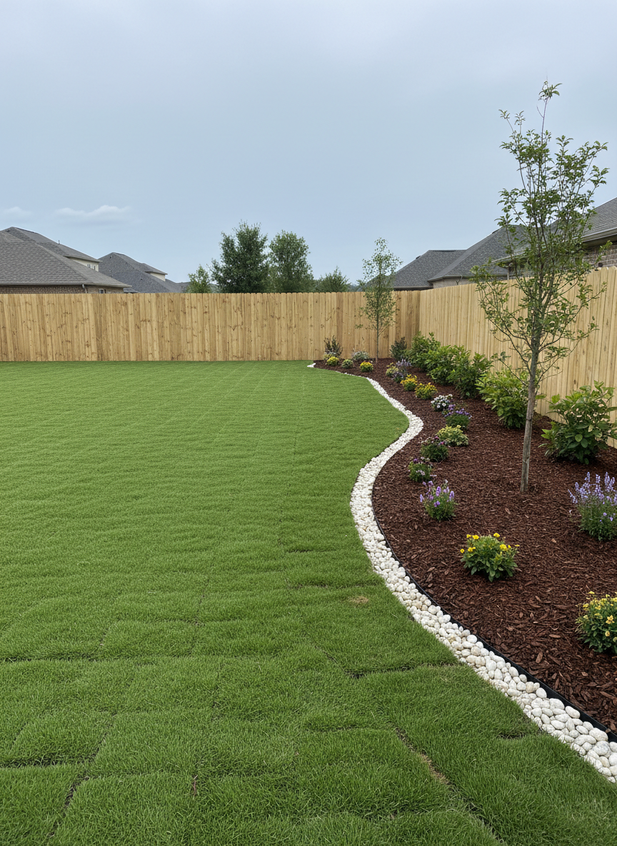 A clean, wide suburban backyard in the Gainesville area showcasing fresh turf installation in photographic realism, with a flawlessly level, vibrant green lawn stretching from foreground to a privacy fence in the distance. Along one side, a newly mulched planting bed with rich, chocolate-colored mulch holds neatly spaced native shrubs, small flowering perennials, and a young ornamental tree. A narrow strip of decorative white rock separates the mulch from the grass, emphasizing crisp lines. Captured at eye level in gentle overcast light for even, natural color, the composition has sharp focus throughout, conveying a calm, orderly, and professional atmosphere that highlights expert lawn and bed preparation.