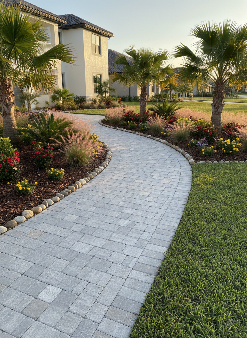 A professionally designed South Florida front yard landscape in photographic realism, featuring a graceful curved walkway lined with lush, drought-tolerant tropical plants and neatly edged turf. Deep green St. Augustine grass forms a smooth, even lawn bordered by dark brown mulch beds containing palms, flowering shrubs, and ornamental grasses. Natural river rock is used to outline the beds, adding texture and contrast. Soft late-afternoon sunlight casts warm highlights on glossy leaves and subtle shadows on the pavers. Shot from a slightly elevated angle using the rule of thirds, the entire scene feels polished, inviting, and meticulously maintained, ideal as a hero image for a high-end landscaping business website.