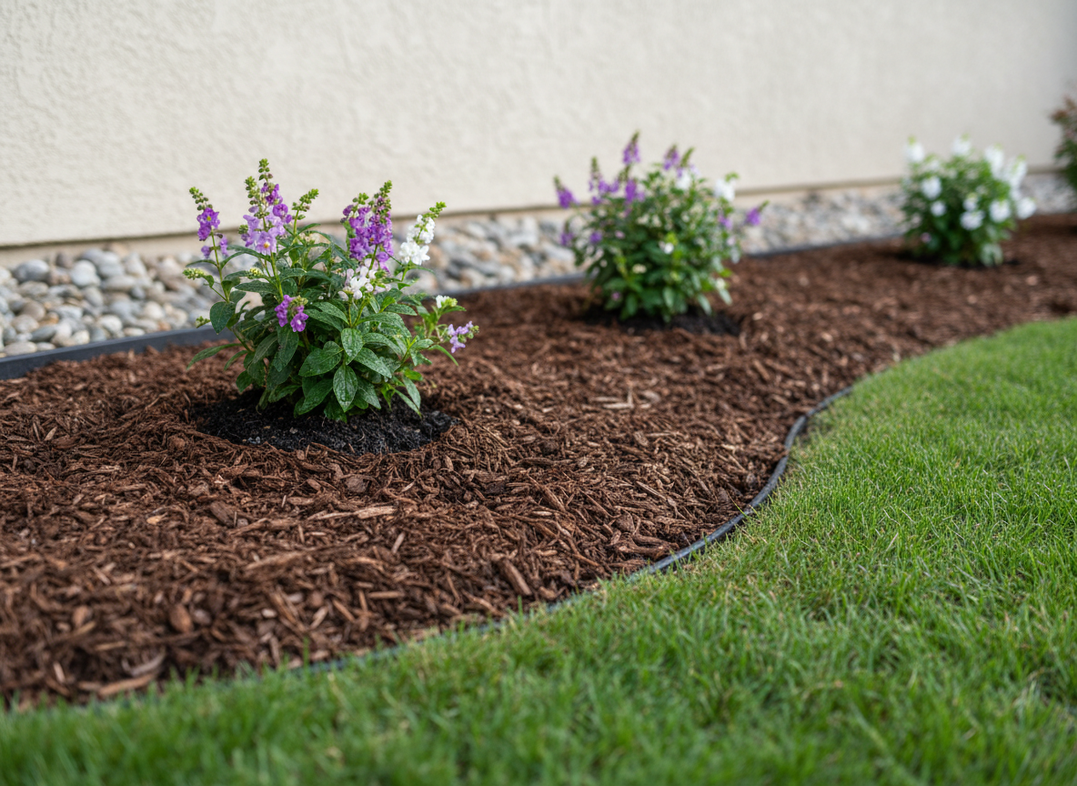 A detailed close-up of a freshly mulched landscape bed in photographic realism, demonstrating precise trimming and plant installation. In the foreground, the dark, shredded bark mulch is evenly spread with no bare spots, neatly stopping at a perfectly defined edge against bright green turf. Newly planted flowering shrubs, each with a small ring of exposed soil, are spaced in a rhythmic curve, their leaves glistening with a slight morning dew. A strip of smooth decorative rock runs behind the plants, separating them from a stucco wall. Soft, diffused morning light brings out rich color and fine texture, with a shallow depth of field keeping the front plants in crisp focus while the background gently blurs, conveying meticulous professional care.