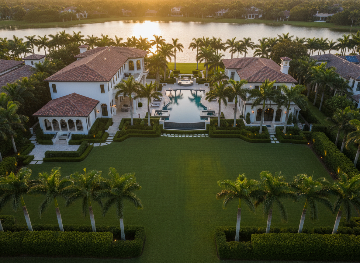 Estate backyard with manicured landscaping at dusk
