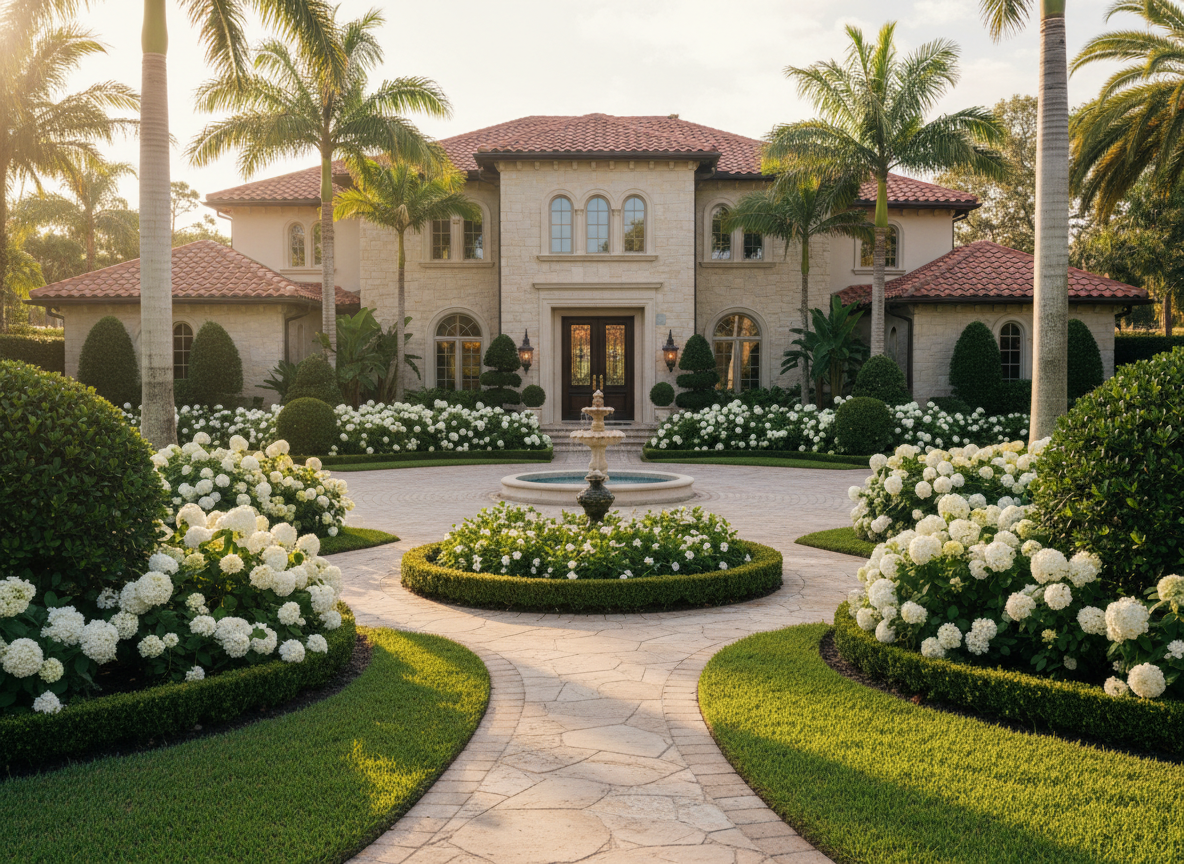 Luxury front yard with white flowers and trimmed green bushes