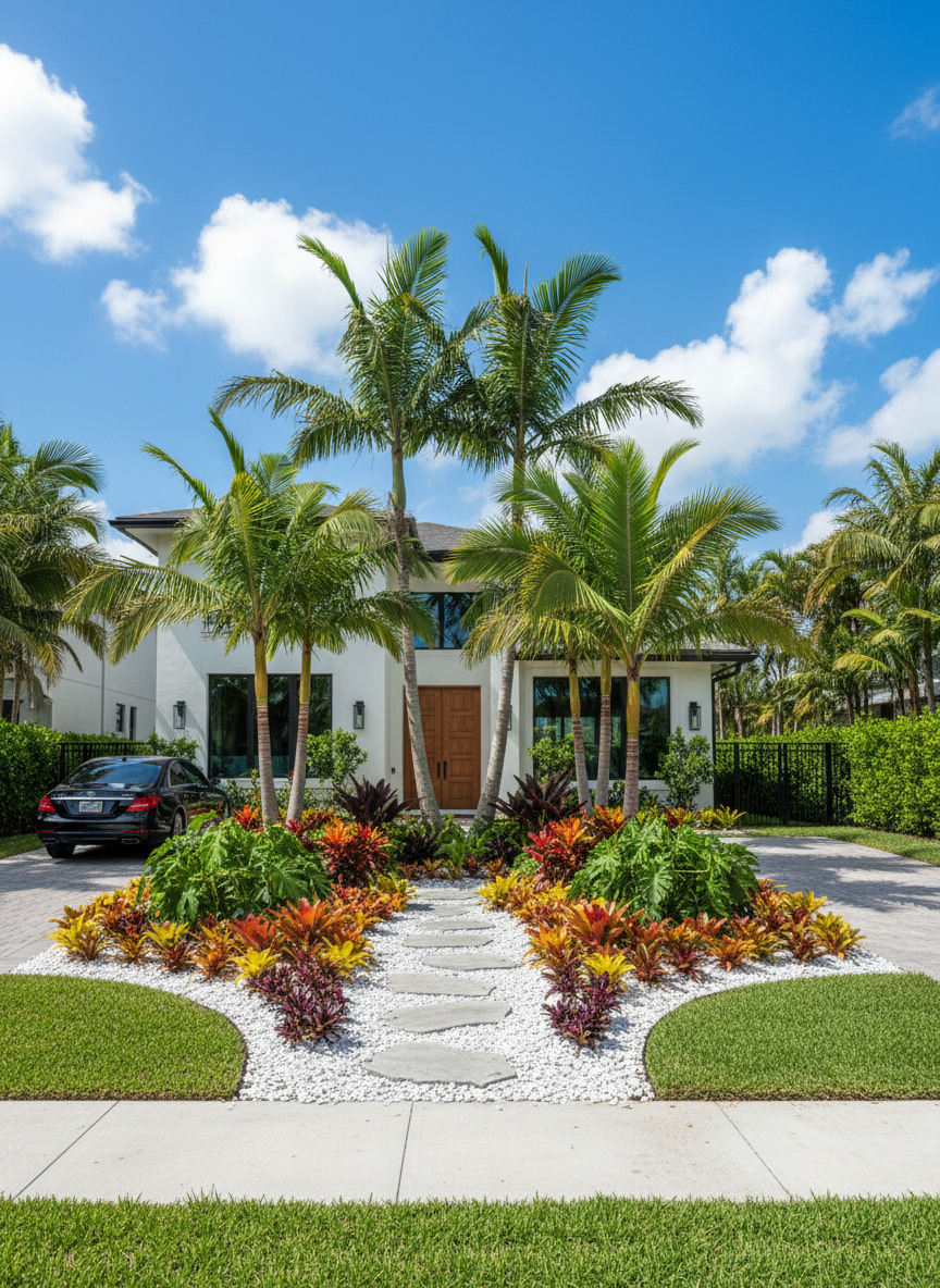 Professional luxury front yard landscaping in South Florida with tropical plants and palm trees